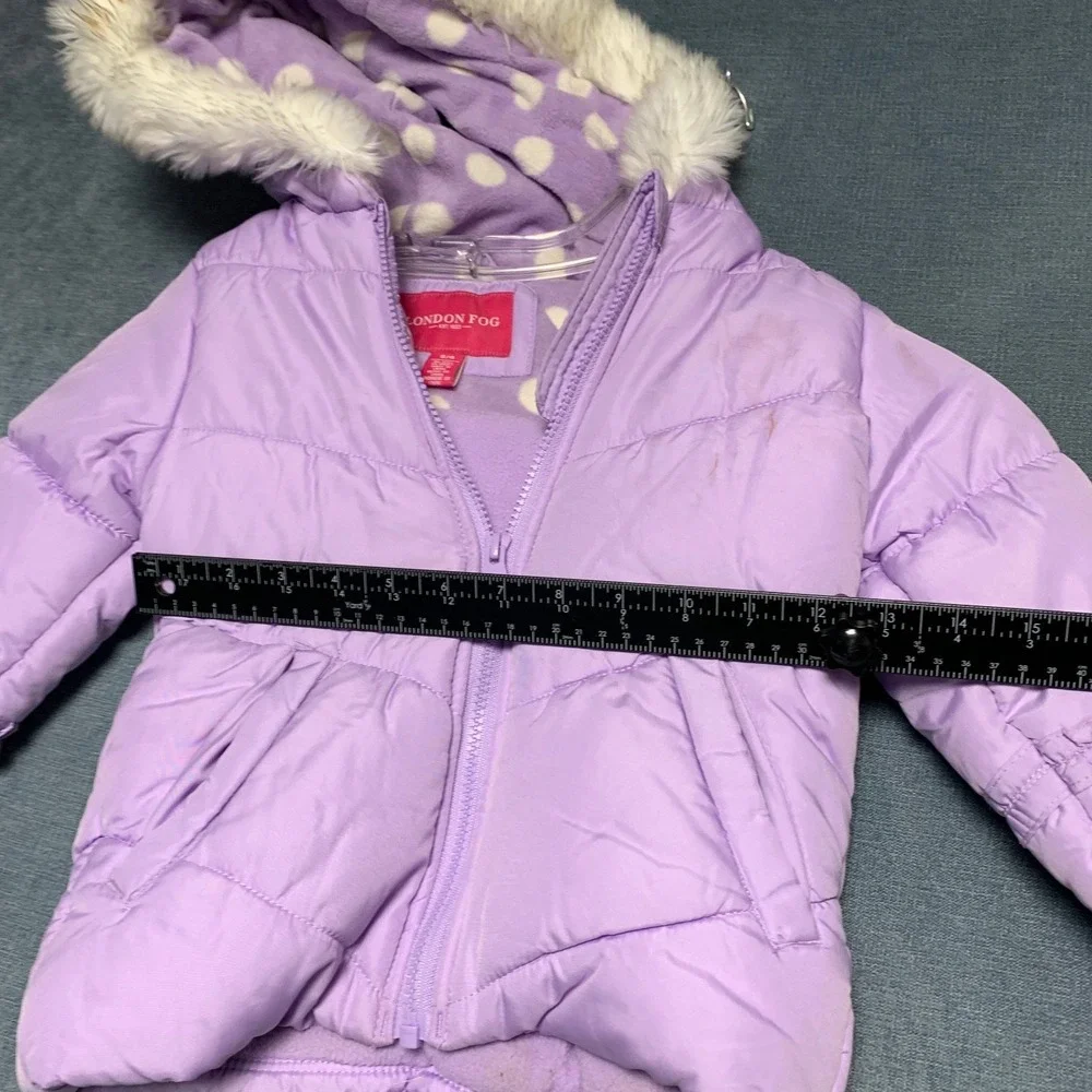 London Fog Puffer Jacket Girls S/4 Purple Faux Fur Trim Hood Fleece Lined Warm